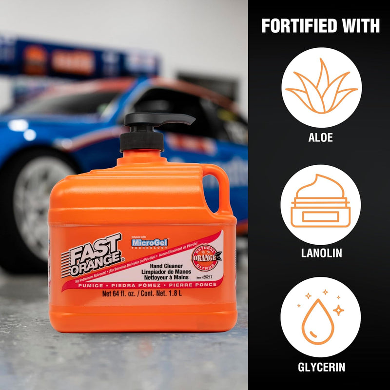 Fast Orange Permatex 25217 Pumice Lotion, Heavy Duty Hand Cleaner, Natural Citrus Scent, Waterless Cleaner for Mechanics, Strong Grease Fighter, 1/2 Gallon, Orange, 64 Fl Oz (Pack of 1)