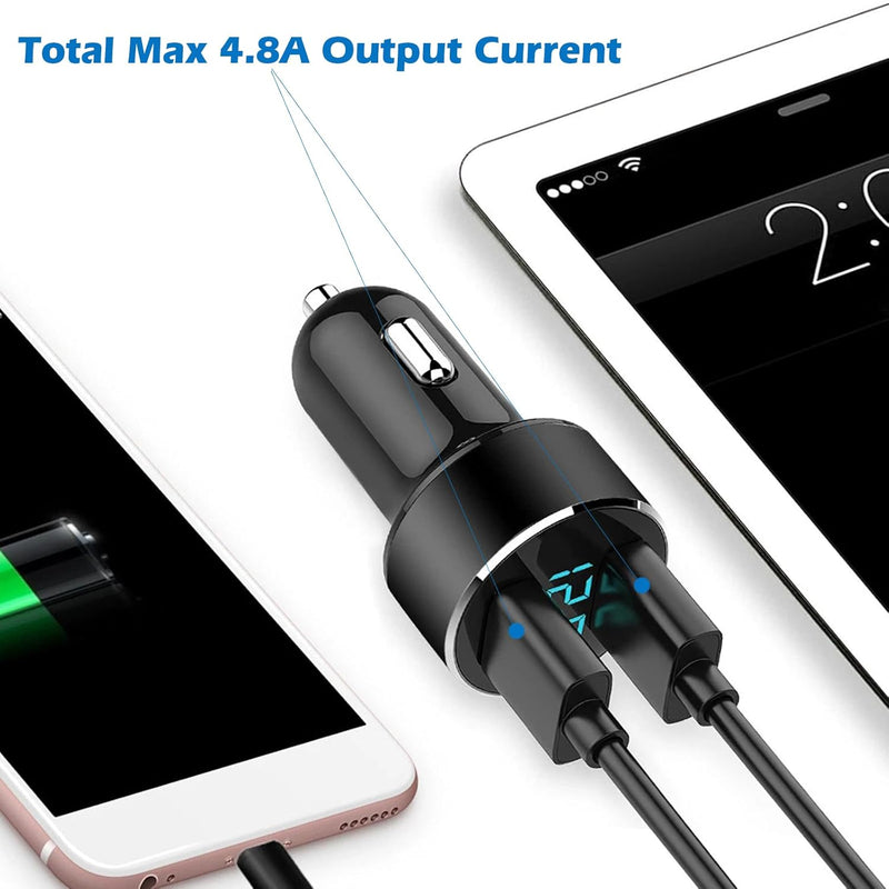 LIHAN Dual USB Car Charger, 4.8A Output, 12/24 Volt USB Adapter Plug for Cigarette Lighter Voltage Meter, Compatible with Iphone,Ipad, Samsung Galaxy, LG, Google, Black