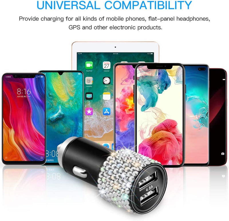 Otostar Dual USB Car Charger, 4.8A Output, Bling Crystal Diamond Car Decorations Accessories Fast Charging Adapter for Iphones Android Ios, Samsung Galaxy, LG, Nexus, HTC (Silver)