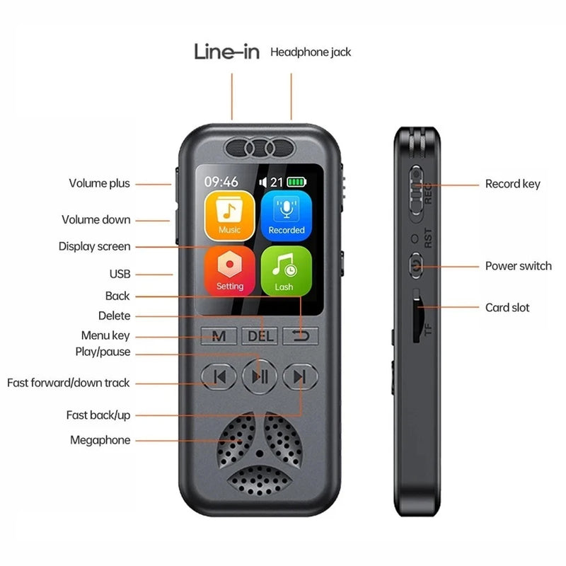 Digital Voice Recorder Professional Noise Reduction Audio Dictaphone Voice Activated Sound Recording MP3 Player Long Time Record