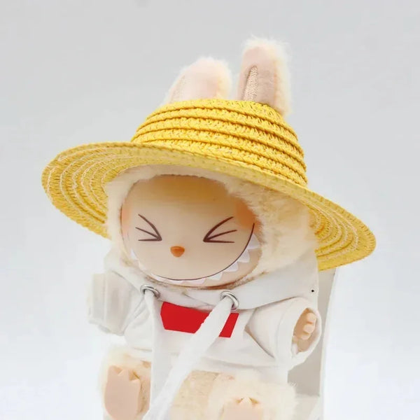 Labubu open top straw hat, party clothing accessories, rustic style Labubu baby clothes decoration accessories (hat only)