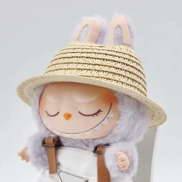 Labubu open top straw hat, party clothing accessories, rustic style Labubu baby clothes decoration accessories (hat only)
