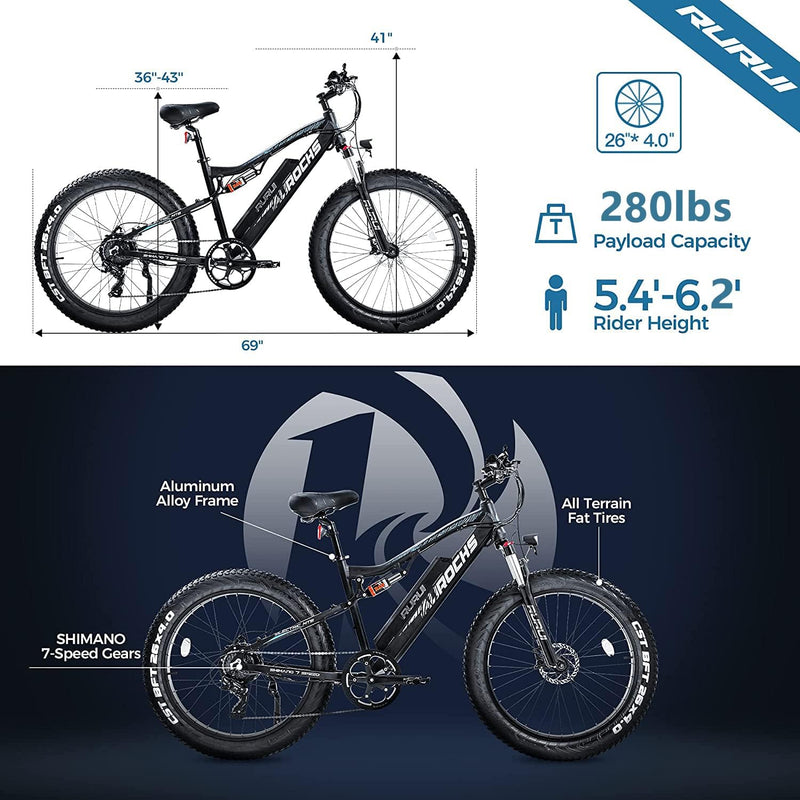 Eahora Electric Bike 750W Electric Mountain Bike 26In, 31MPH Adults Ebike with Full Suspension and Hydraulic Brakes, USB Color Display, 48V 15Ah Battery, 4.0'' Fat Tires E-MTB