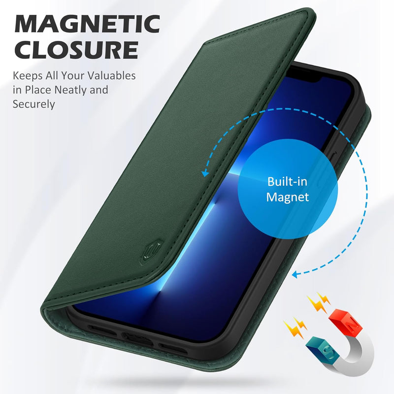 SHIELDON Case for Iphone 13, Genuine Leather Wallet Folding Case with Kickstand RFID Blocking Card Slots Magnetic Shockproof Cover Compatible with Iphone 13 5G (6.1" 2021) - Midnight Green