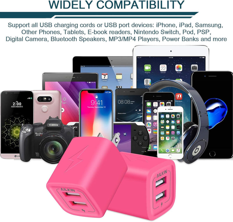 Wall Charger, AILKIN USB Plug Fast Charging Block, Power Adapter Cube 2 Port Charge Travel Brick Cell Quick Chargers Box for Iphone Samsung Galaxy USB Box Base Brick