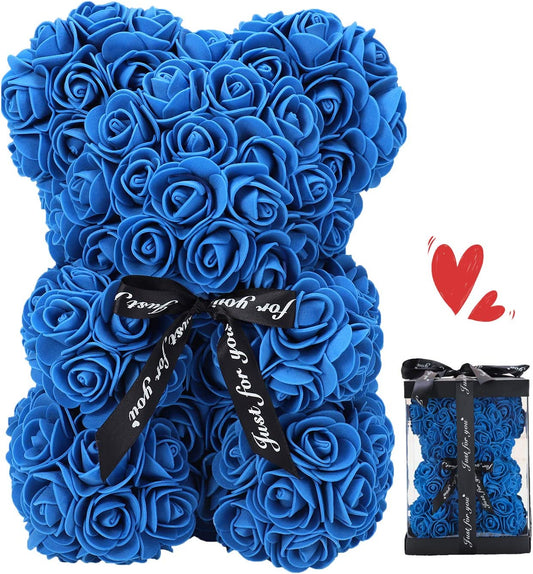 ZFDEBY Rose Flower Bear-Hand Made Teddy Bear,Best Artificial Decoration Gifts for Mothers Day, Valentines Day,Bridal,Weddings,The Perfect Party Clear Gift Box (06-Blue)