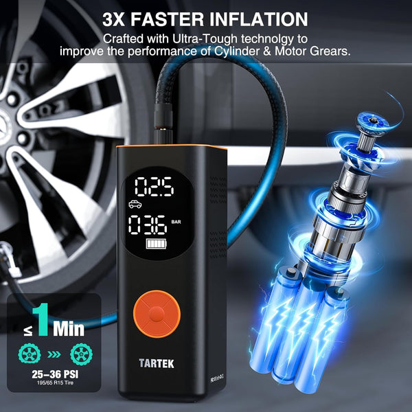 Tartek Tire Inflator Portable Air Compressor, 3X Faster Inflation, Auto Air Pump for Car Tires, 160PSI Cordless Tire Inflator with Digital Screen and Carrying Case for Car, Motorcycle, Bike, Black