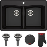 KRAUS Forteza 33-Inch Drop In/Undermount 50/50 Double Bowl Granite Kitchen Sink in Black, KGD-52BLACK