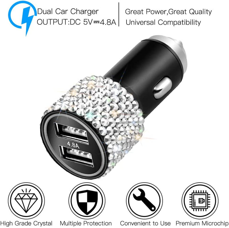 Otostar Dual USB Car Charger, 4.8A Output, Bling Crystal Diamond Car Decorations Accessories Fast Charging Adapter for Iphones Android Ios, Samsung Galaxy, LG, Nexus, HTC (Silver)