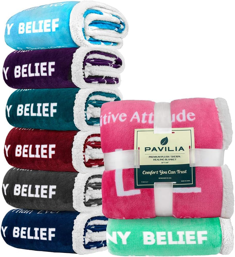 PAVILIA Healing Blanket Sherpa Fleece, Get Well Soon Gift, Soft Hug Compassion Throw Blanket for Women Men, Comfort Caring Inspirational Patient Gift, Positive Thoughts Prayer Love Throw, 50X60 Pink