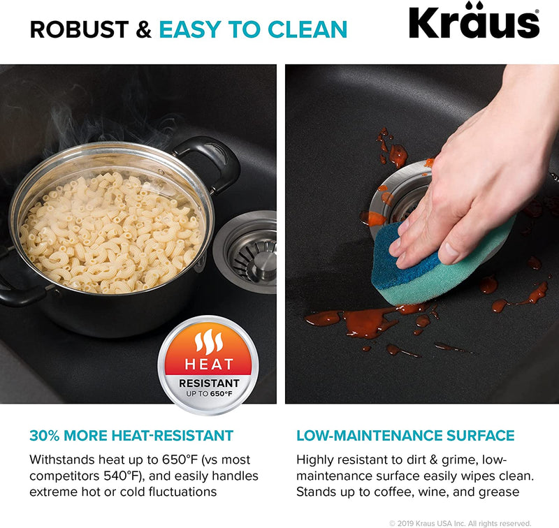 KRAUS Forteza 33-Inch Drop In/Undermount 50/50 Double Bowl Granite Kitchen Sink in Black, KGD-52BLACK