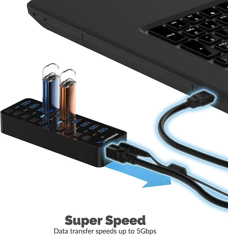 SABRENT 10-Port 60W USB 3.0 Hub with Individual Power Switches and Leds, Includes 60W 12V/5A Power Adapter (HB-BU10)