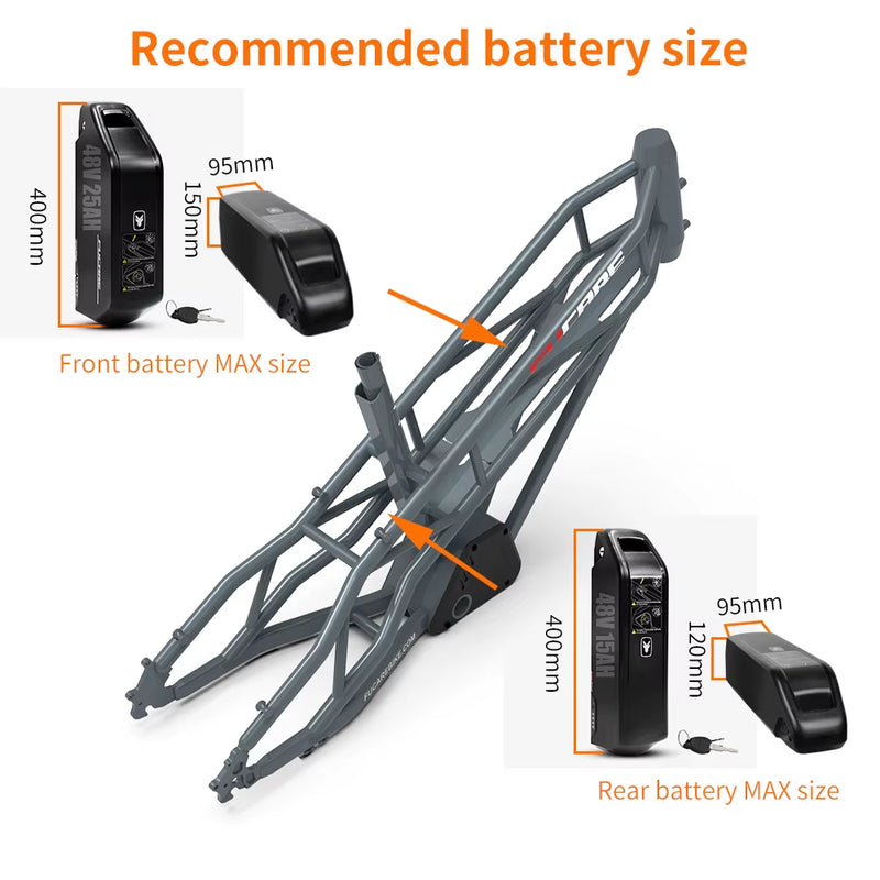 Hot Sale Ready to Ship Fucare 400Lbs Load 20 Inch Aluminum Alloy Dual Battery Electric Bicycle Frame with 190Mm Bike Dropout