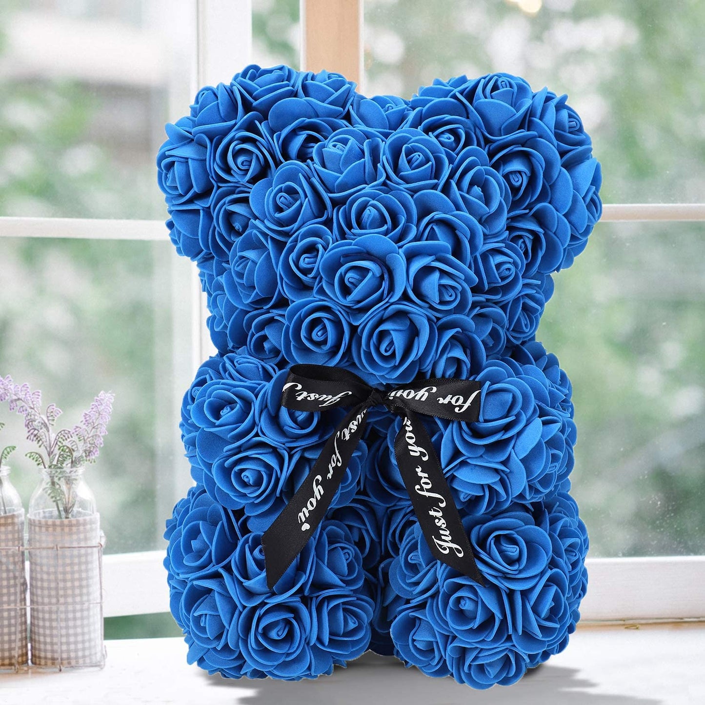 ZFDEBY Rose Flower Bear-Hand Made Teddy Bear,Best Artificial Decoration Gifts for Mothers Day, Valentines Day,Bridal,Weddings,The Perfect Party Clear Gift Box (06-Blue)