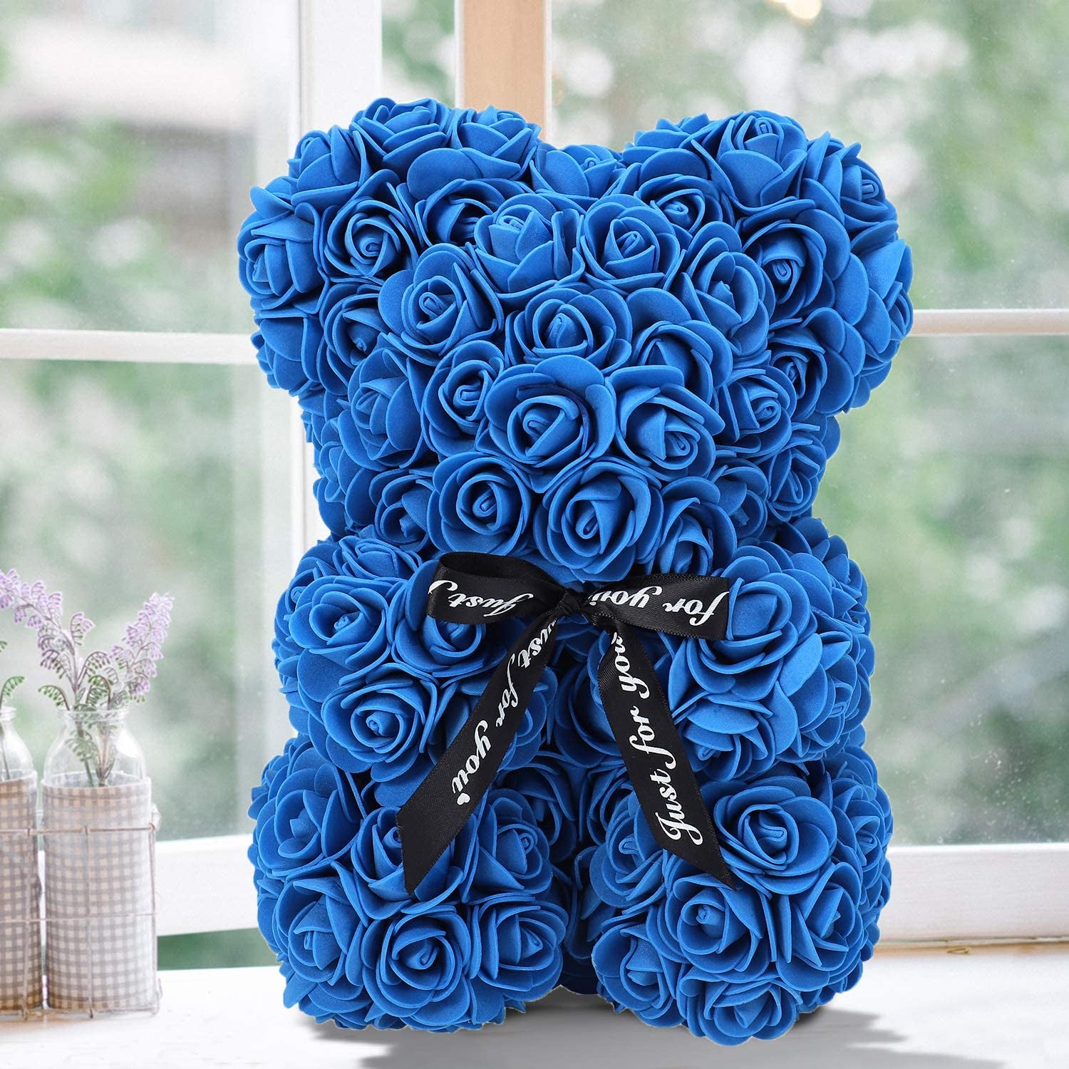 ZFDEBY Rose Flower Bear-Hand Made Teddy Bear,Best Artificial Decoration Gifts for Mothers Day, Valentines Day,Bridal,Weddings,The Perfect Party Clear Gift Box (06-Blue)