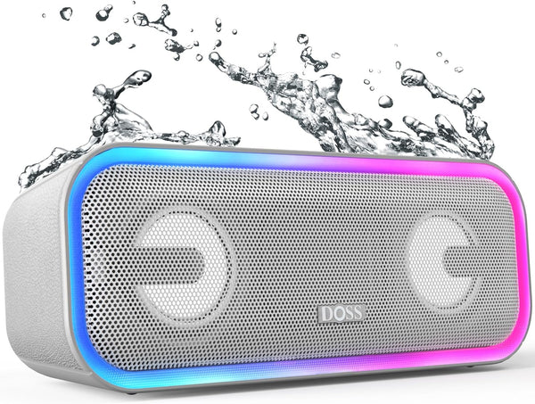 DOSS Soundbox Pro+ Bluetooth Speaker with 24W Impressive Sound, Booming Bass, IPX6 Waterproof, 15Hrs Playtime, Wireless Stereo Pairing, Mixed Colors Lights, 66 FT- Grey
