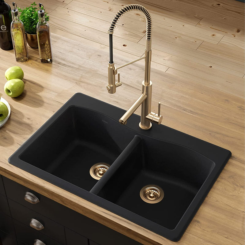 KRAUS Forteza 33-Inch Drop In/Undermount 50/50 Double Bowl Granite Kitchen Sink in Black, KGD-52BLACK
