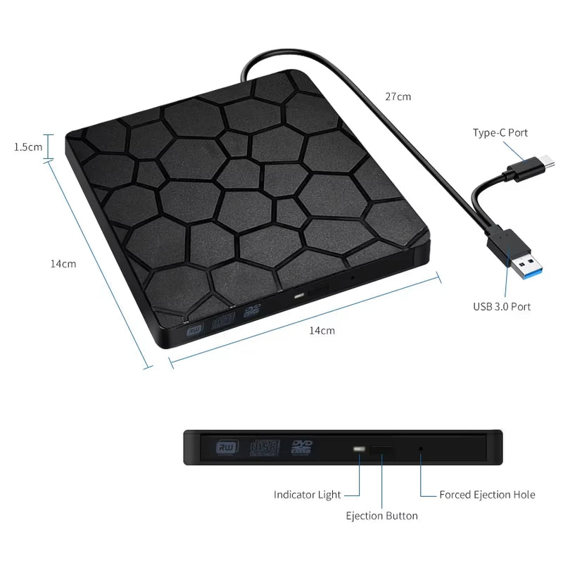 External DVD RW Drive USB 3.0 Type C 2 in 1 Interface Slim DVD CD Writer Burner Reader Player Optical Drive for Laptop PC