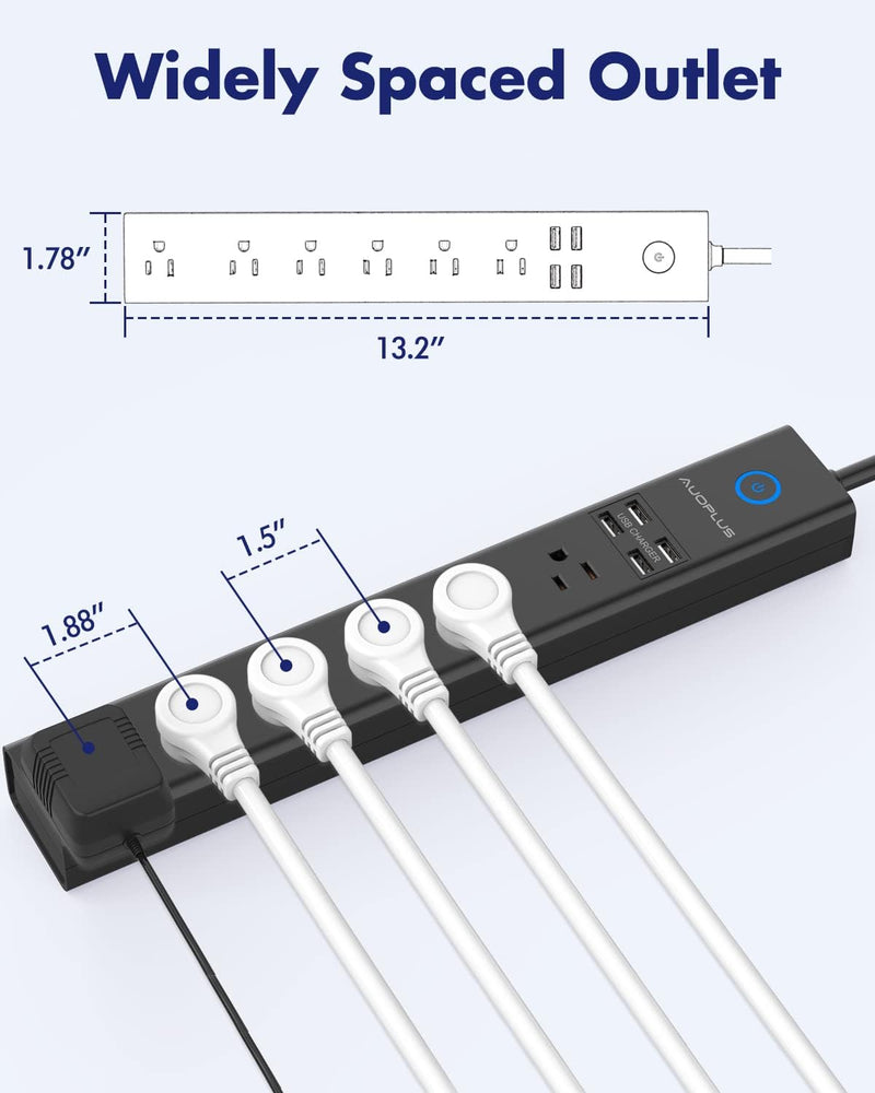 Surge Protector Power Strip with USB, AUOPLUS 10FT Outlet Strip, 6 Outlet and 4 USB Charger,[Flat Plug/Wall Mountable], 1250W/10A/2100J, Long Extension Cord for Computer Iphone Home Office Dorm