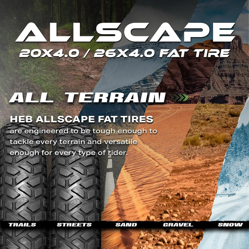 HEB ALLSCAPE E-Bike 26X4.0 Fat Tire Set, Includes 2 Tires, All Terrain