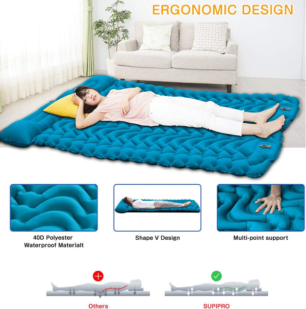 Camping Sleeping Pad,Supipro 2021 Newest Inflatable with Foot Press Sleeping Mat Pillow，Button Connection Large Size 4"-Thick, Portable Waterproof and Compact Air Mat for Camping,Hiking,Beach