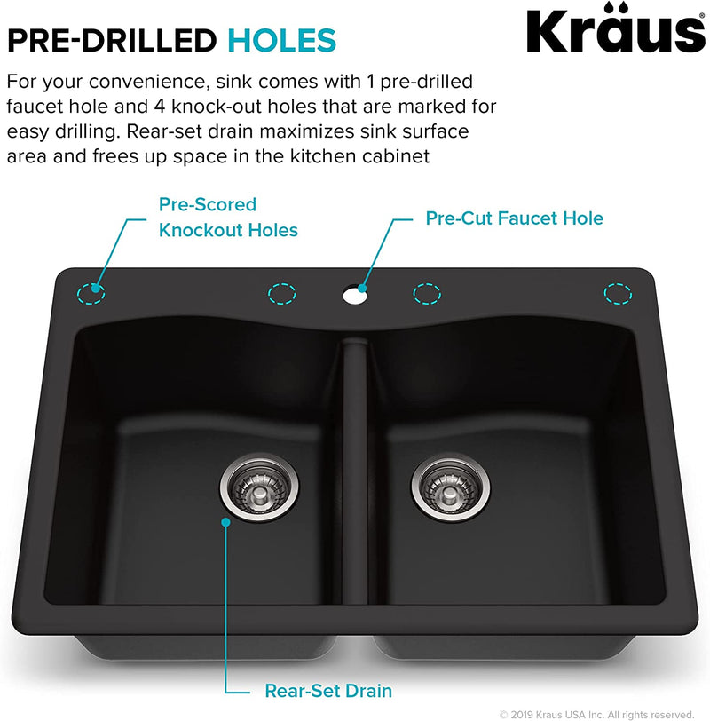 KRAUS Forteza 33-Inch Drop In/Undermount 50/50 Double Bowl Granite Kitchen Sink in Black, KGD-52BLACK