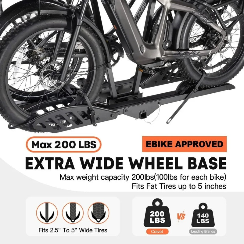 Cyberrack E2 Hitch 2 Ebike Rack with Ramp, 200 Lbs Capacity Electric Bike Carrier Foldable Platform Mount, up to 5-Inch Fat Tire
