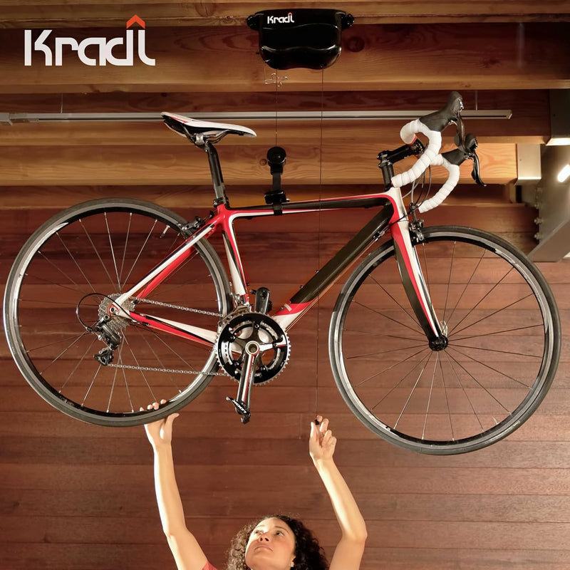 Kradl - Ceiling Mount Bike Lift and Rack. Bicycle Storage Hoist without Electricity, Clumsy Ropes or Pulleys.