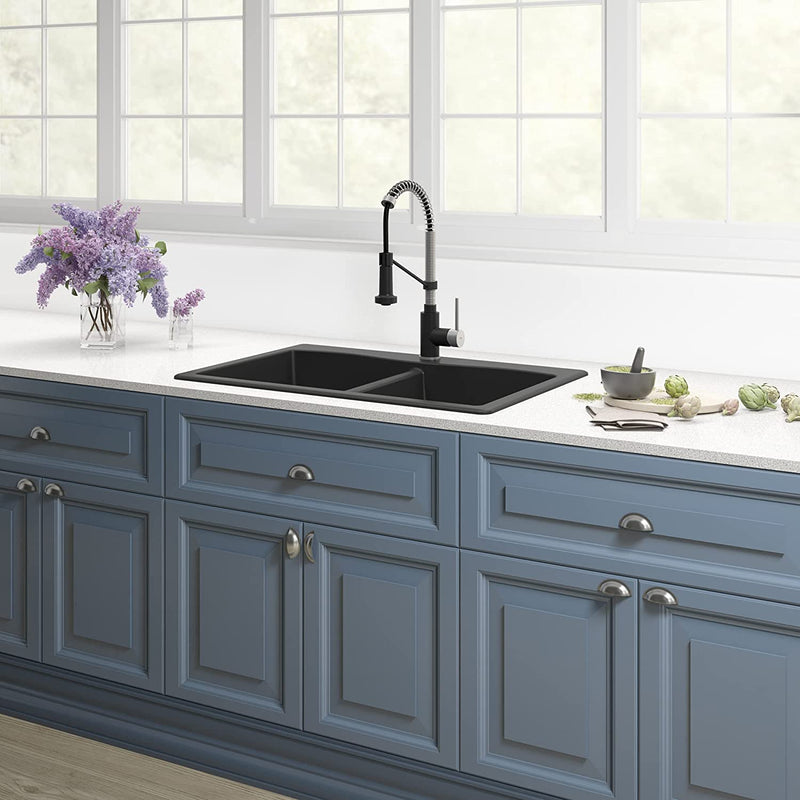 KRAUS Forteza 33-Inch Drop In/Undermount 50/50 Double Bowl Granite Kitchen Sink in Black, KGD-52BLACK