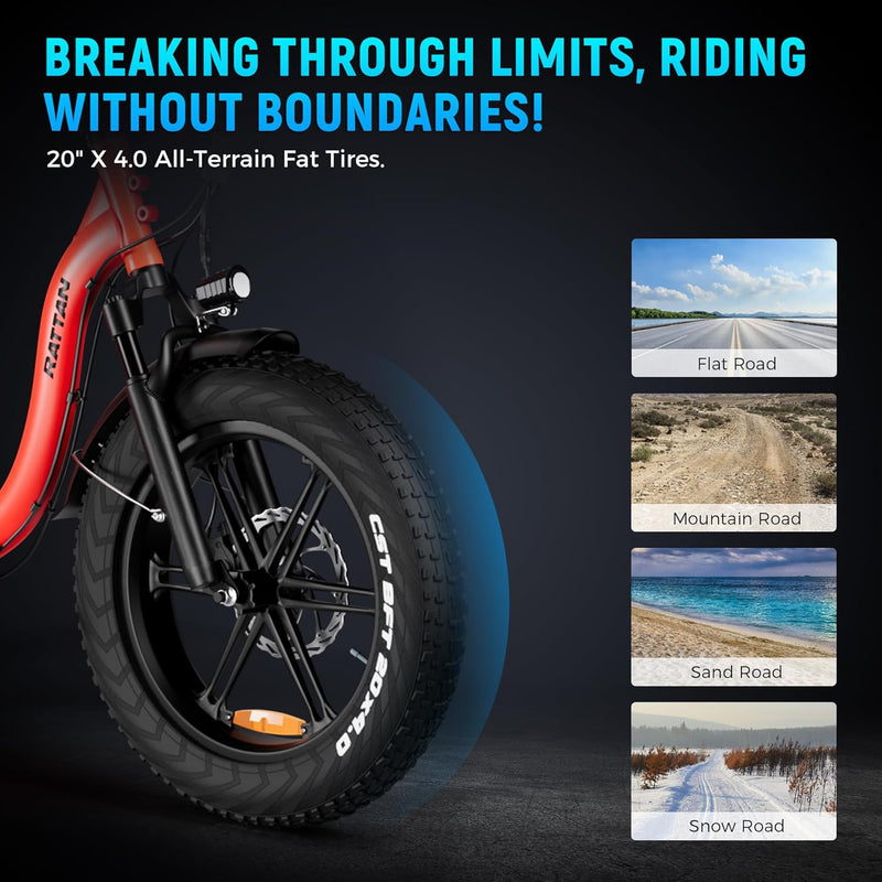 Rattan LM/LF Ultra 1800W Peak Electric Bike, 40.5Ah Battery, 60-120Miles Range, Folding Electric Bike, 33MPH Foldable Ebikes, Hydraulic Brakes, 20" X 4.0 Fat Tire Ebike, 2 Seater