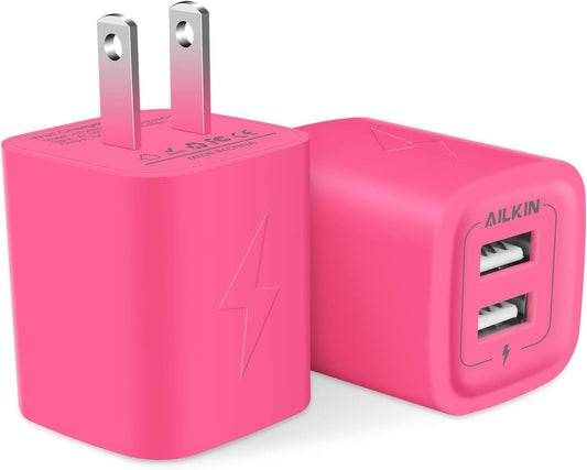 Wall Charger, AILKIN USB Plug Fast Charging Block, Power Adapter Cube 2 Port Charge Travel Brick Cell Quick Chargers Box for Iphone Samsung Galaxy USB Box Base Brick