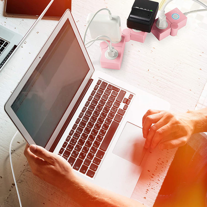 Ijoy Flexible Power Strip - 3 AC Outlets and 2 USB Charging Ports with Pink Extension Cord, Power Strips with Surge Protection, Decorative Surge Protector Outlet Extender for Home, Office, and More