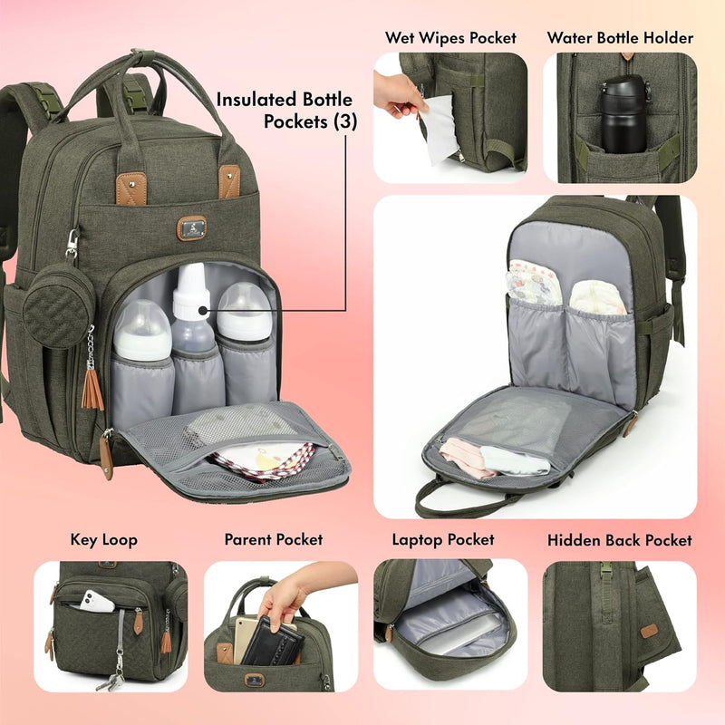 Dikaslon Diaper Bag Backpack with Portable Changing Pad, Pacifier Case and Stroller Straps, Large Unisex Baby Bags for Boys Girls, Multipurpose Travel Back Pack for Moms Dads, Army Green
