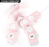 Ijoy Flexible Power Strip - 3 AC Outlets and 2 USB Charging Ports with Pink Extension Cord, Power Strips with Surge Protection, Decorative Surge Protector Outlet Extender for Home, Office, and More