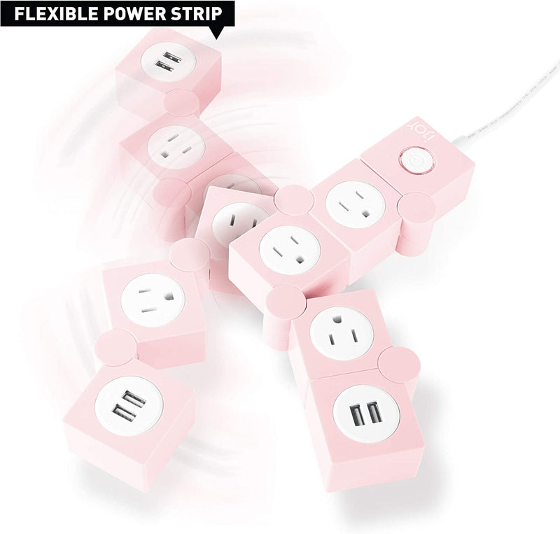 Ijoy Flexible Power Strip - 3 AC Outlets and 2 USB Charging Ports with Pink Extension Cord, Power Strips with Surge Protection, Decorative Surge Protector Outlet Extender for Home, Office, and More