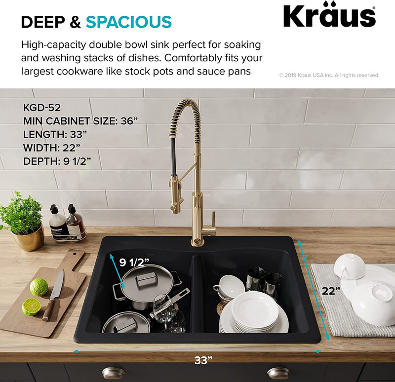KRAUS Forteza 33-Inch Drop In/Undermount 50/50 Double Bowl Granite Kitchen Sink in Black, KGD-52BLACK