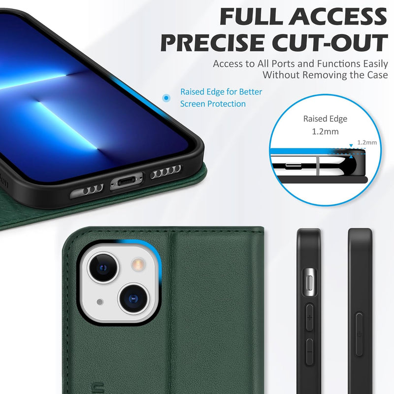 SHIELDON Case for Iphone 13, Genuine Leather Wallet Folding Case with Kickstand RFID Blocking Card Slots Magnetic Shockproof Cover Compatible with Iphone 13 5G (6.1" 2021) - Midnight Green