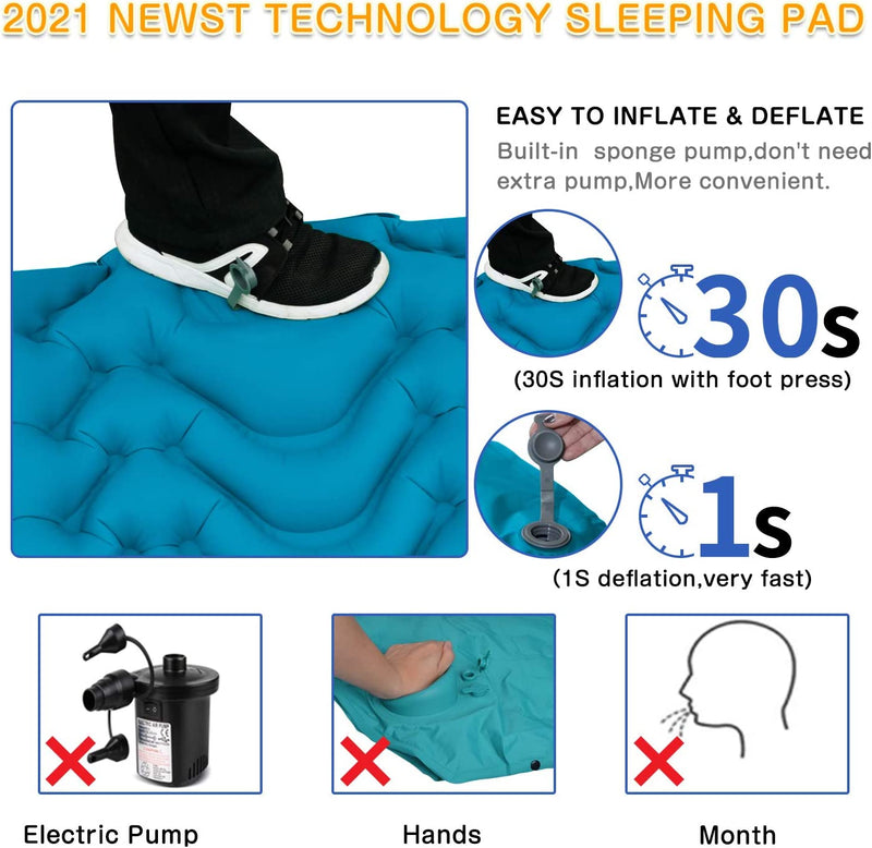 Camping Sleeping Pad,Supipro 2021 Newest Inflatable with Foot Press Sleeping Mat Pillow，Button Connection Large Size 4"-Thick, Portable Waterproof and Compact Air Mat for Camping,Hiking,Beach