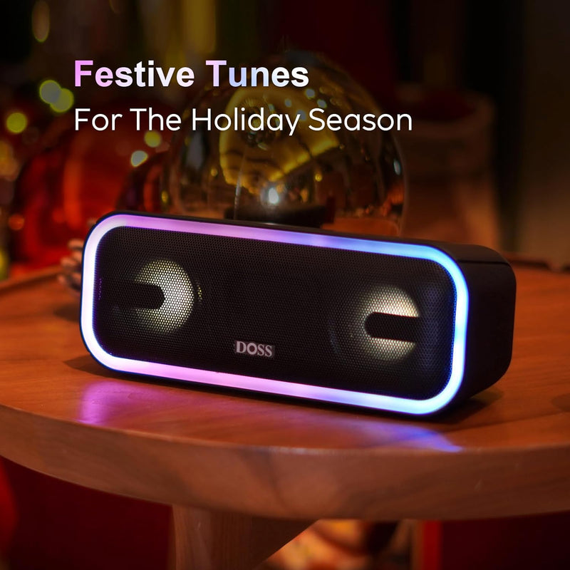DOSS Soundbox Pro+ Bluetooth Speaker with 24W Impressive Sound, Booming Bass, IPX6 Waterproof, 15Hrs Playtime, Wireless Stereo Pairing, Mixed Colors Lights, 66 FT- Grey