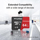 Laview 64GB Micro SD Card, Micro SDXC UHS-I Memory Card – 95Mb/S,633X,U3,C10, Full HD Video V30, A1, FAT32, High Speed Flash TF Card P500 for Computer with Adapter/Phone/Tablet/Pc