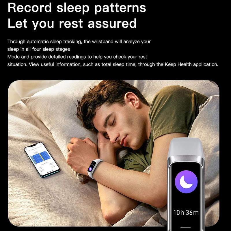 Health and Fitness Tracker for Men and Women, AMOLED Display, Compatible with Android & iOS, Features Blood Pressure Monitoring, Calorie Tracking, Alarm, Stopwatch, and IP68 Waterproof Rating