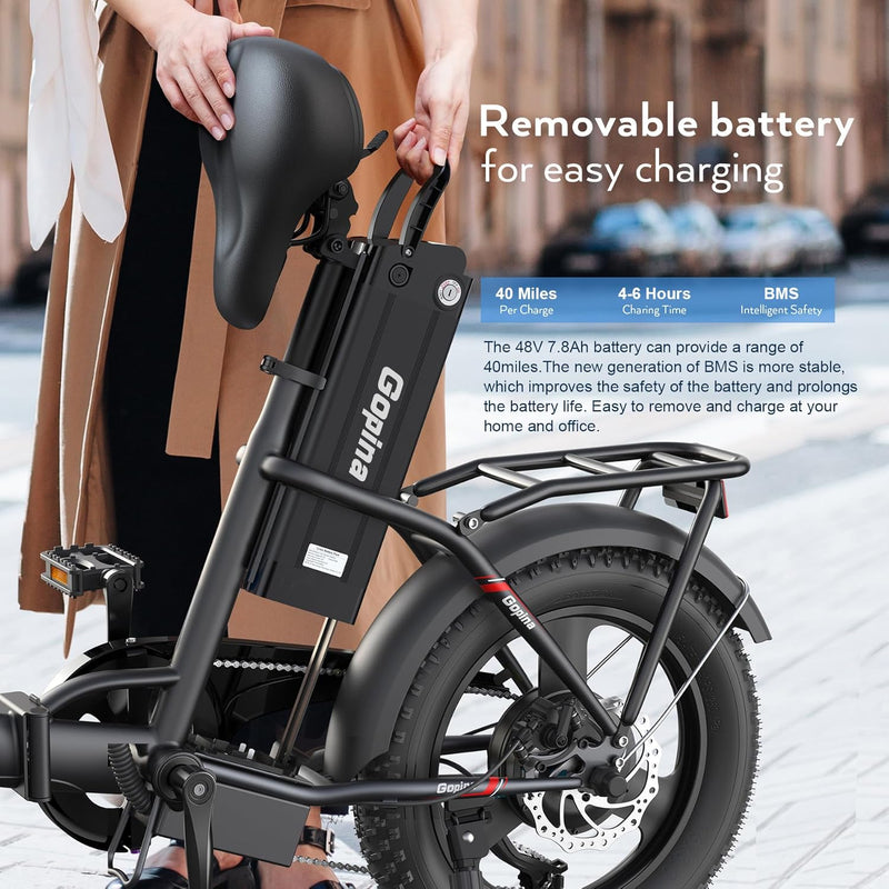 Vivi Gopina Electric Bike, 16" X 3.0 Fat Tire Electric Bike, Peak 500W Step Thru Electric Bicycle, 48V Removable Battery, up to 40 Miles, LCD Display, 20Mph, 7 Speed, SGS Certified to UL2849
