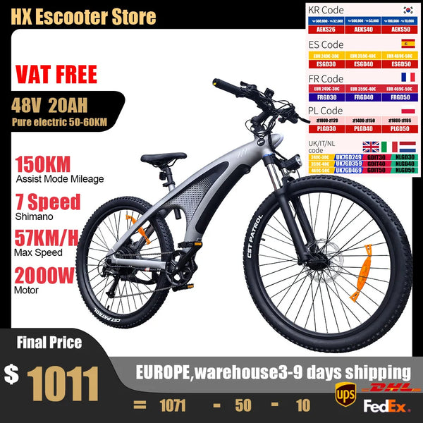 HX Q5 Ebikes 2000W Adults Electric Bike 57KM/H Electric Bicycle 27.5 Inch Removable Battery Electric E Bikes Mountain Ebike