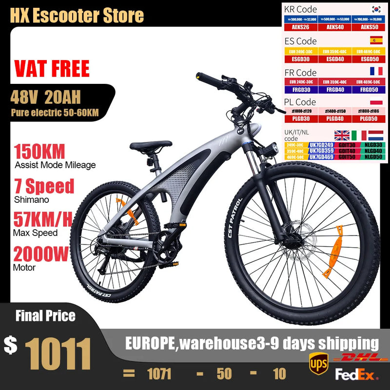 HX Q5 Ebikes 2000W Adults Electric Bike 57KM/H Electric Bicycle 27.5 Inch Removable Battery Electric E Bikes Mountain Ebike