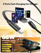 JOYROOM Retractable 5 Port 66W USB C Car Charger - Fast Charging for Iphone 16/15/14 Pro Max, Samsung S24