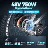 Eahora AM200 750W Electric Bikes for Adult 48V 14AH Fat Tire Electric Mountain Bike with Full Suspension, Hydraulic Brakes, Color Display, Shimano 9 Speed Gears, Cruise Control